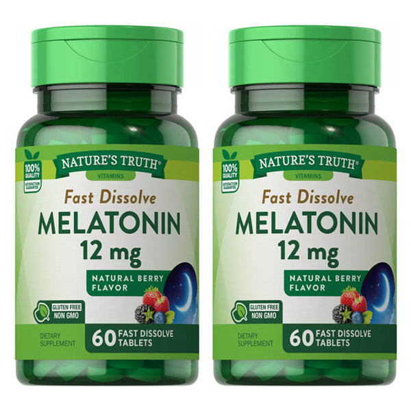 Two bottles of Natures Truth Melatonin Fast Dissolve Tablets, Berry flavor, 60 tablets each—12mg extra strength nighttime sleep aid. Gluten-free and non-GMO dietary supplement.